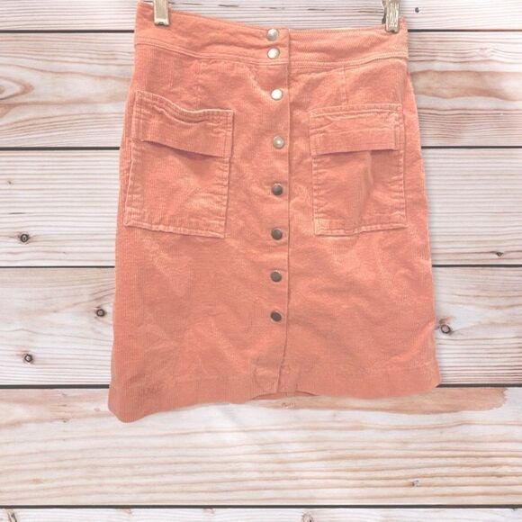 🌷 Tristan 🌷 Peach Coral Pink Corduroy Button Up Skirt - Picture 1 of 6